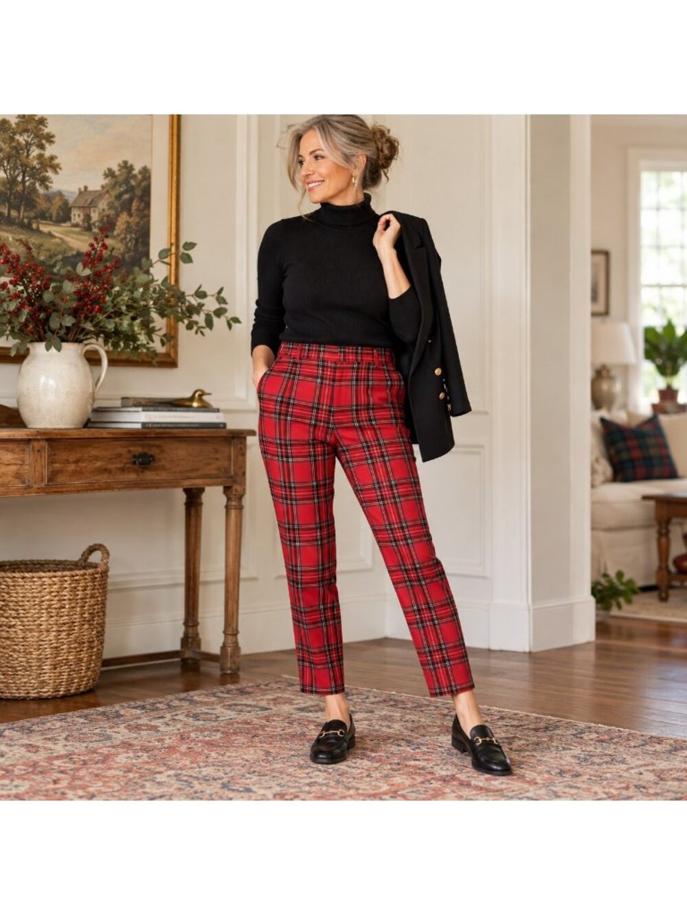 J.Crew Cameron High Rise Red Black Plaid Wool Blend Trousers Size 6